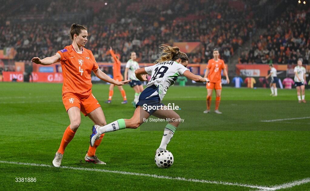 7 March 2026; Kyra Carusa of Republic of Ireland in action against Veerle Buurman of Netherlands during the 2027 FIFA Women’s World Cup Qualifier match between the Netherlands and Republic of Ireland at Stadion Galgenwaard in Utrecht, Netherlands. Photo by Stephen McCarthy/Sportsfile