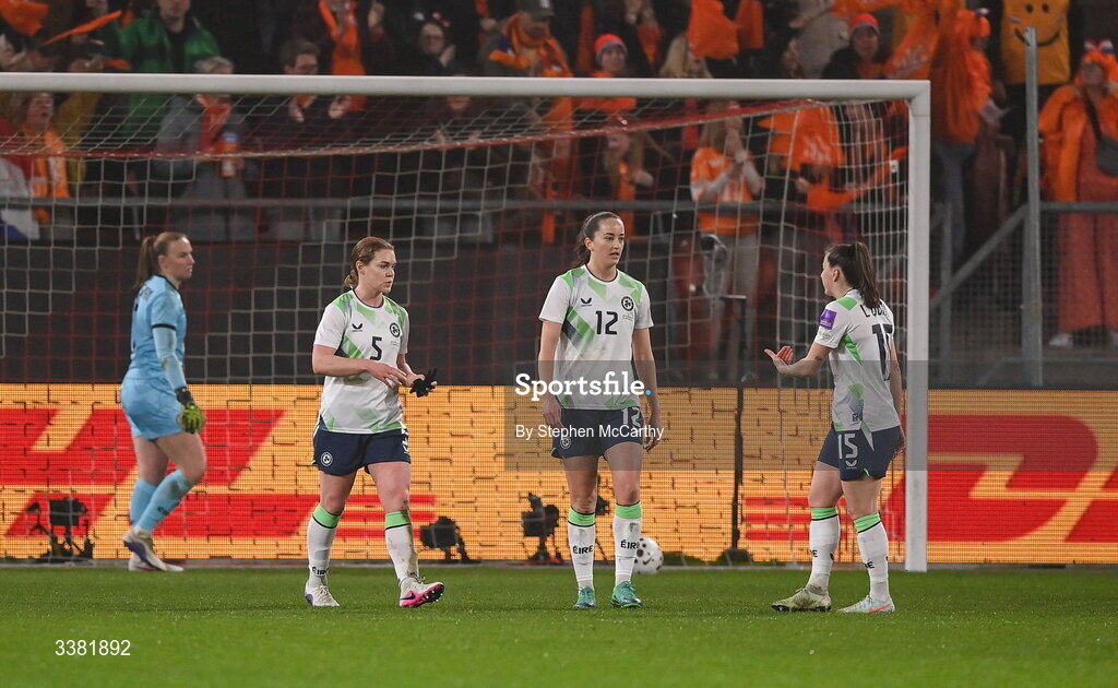 7 March 2026; Republic of Ireland players, from left, goalkeeper Courtney Brosnan, Aoife Mannion, Anna Patten and Lucy Quinn react after their side concede a first goal during the 2027 FIFA Women’s World Cup Qualifier match between the Netherlands and Republic of Ireland at Stadion Galgenwaard in Utrecht, Netherlands. Photo by Stephen McCarthy/Sportsfile