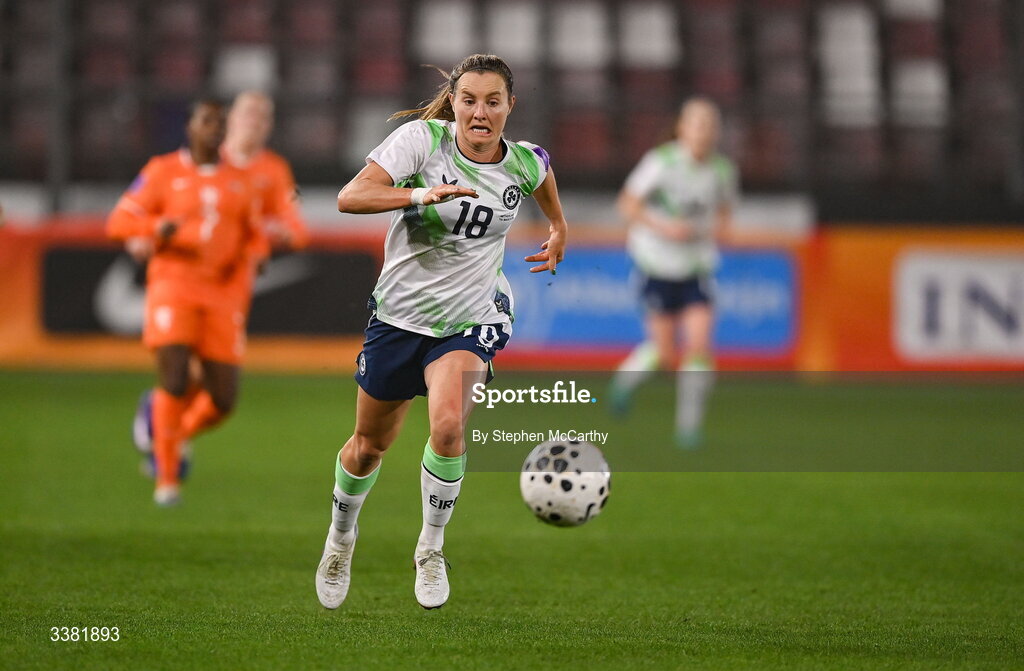 7 March 2026; Kyra Carusa of Republic of Ireland during the 2027 FIFA Women’s World Cup Qualifier match between the Netherlands and Republic of Ireland at Stadion Galgenwaard in Utrecht, Netherlands. Photo by Stephen McCarthy/Sportsfile