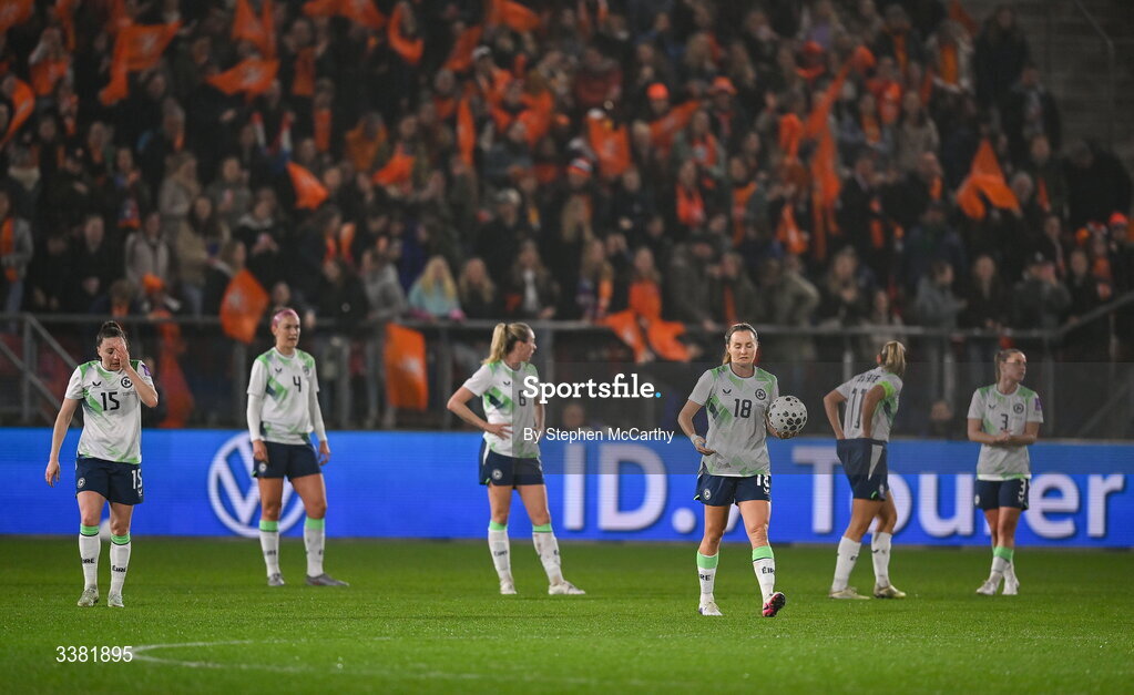 7 March 2026; Republic of Ireland players, including, Lucy Quinn, left, and Kyra Carusa react after their side concede a first goal during the 2027 FIFA Women’s World Cup Qualifier match between the Netherlands and Republic of Ireland at Stadion Galgenwaard in Utrecht, Netherlands. Photo by Stephen McCarthy/Sportsfile