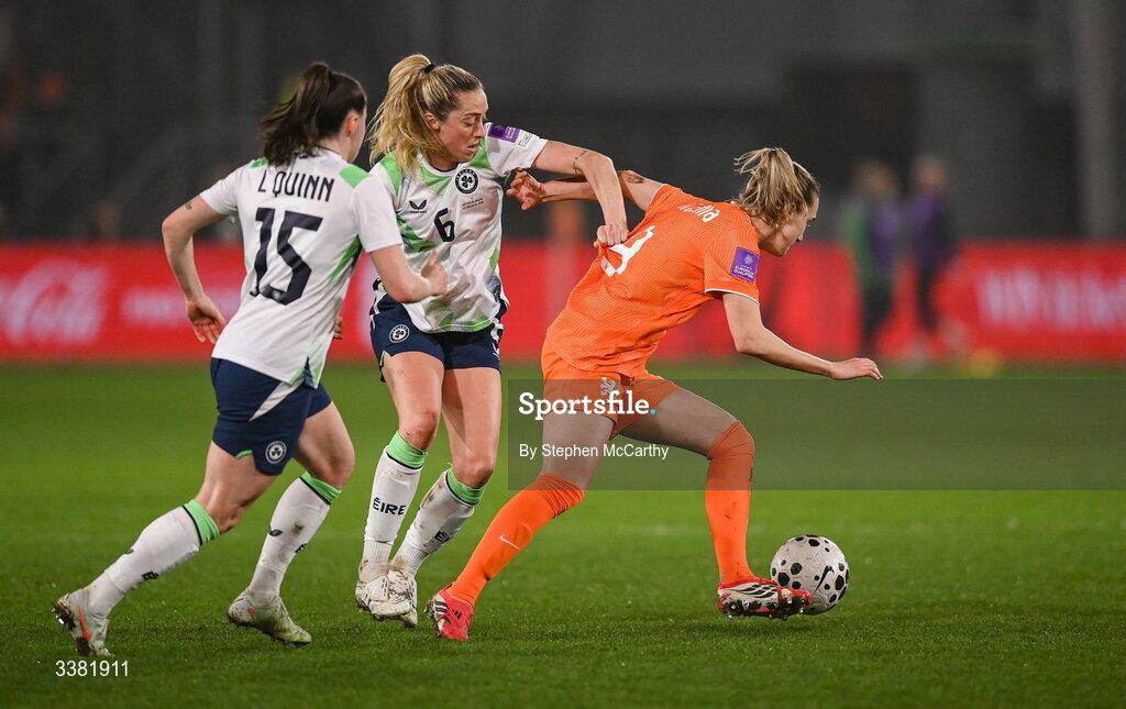 7 March 2026; Vivianne Miedema of Netherlands in action against Megan Connolly of Republic of Ireland during the 2027 FIFA Women’s World Cup Qualifier match between the Netherlands and Republic of Ireland at Stadion Galgenwaard in Utrecht, Netherlands. Photo by Stephen McCarthy/Sportsfile