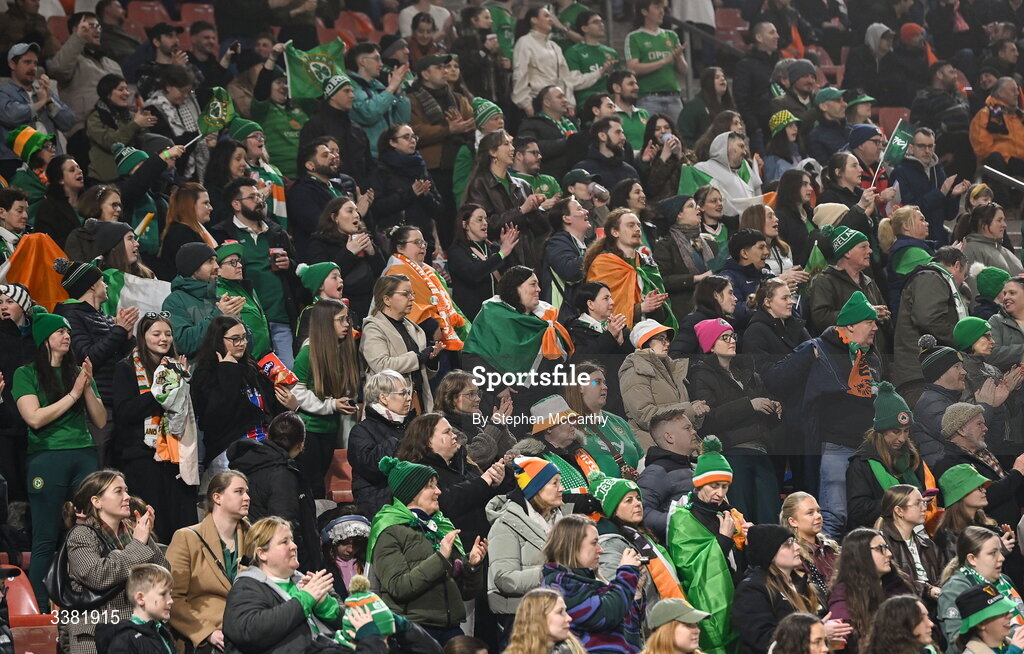 7 March 2026; Republic of Ireland supporters during the 2027 FIFA Women’s World Cup Qualifier match between the Netherlands and Republic of Ireland at Stadion Galgenwaard in Utrecht, Netherlands. Photo by Stephen McCarthy/Sportsfile