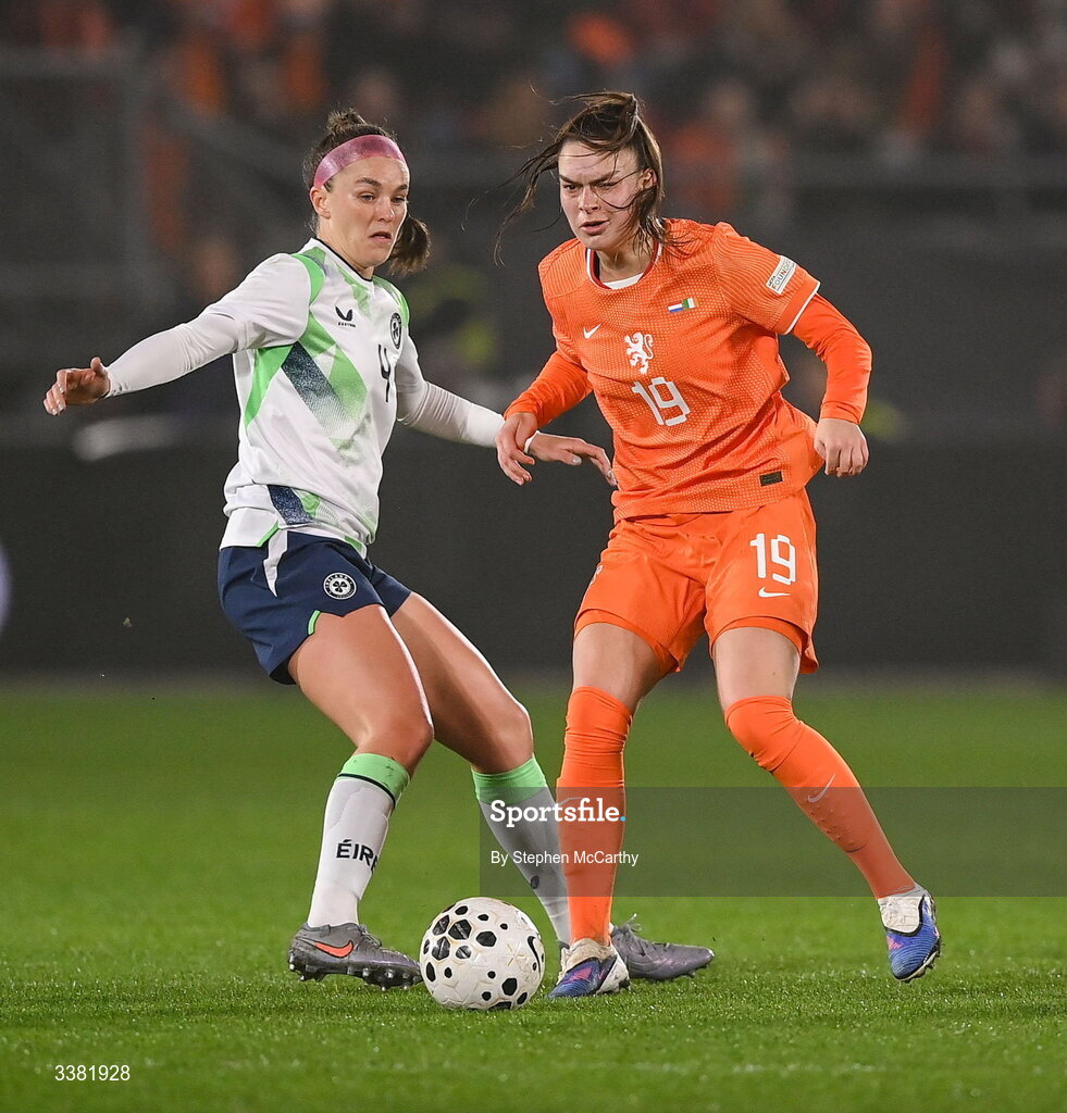 7 March 2026; Caitlin Hayes of Republic of Ireland in action against Romée Leuchter of Netherlands during the 2027 FIFA Women’s World Cup Qualifier match between the Netherlands and Republic of Ireland at Stadion Galgenwaard in Utrecht, Netherlands. Photo by Stephen McCarthy/Sportsfile