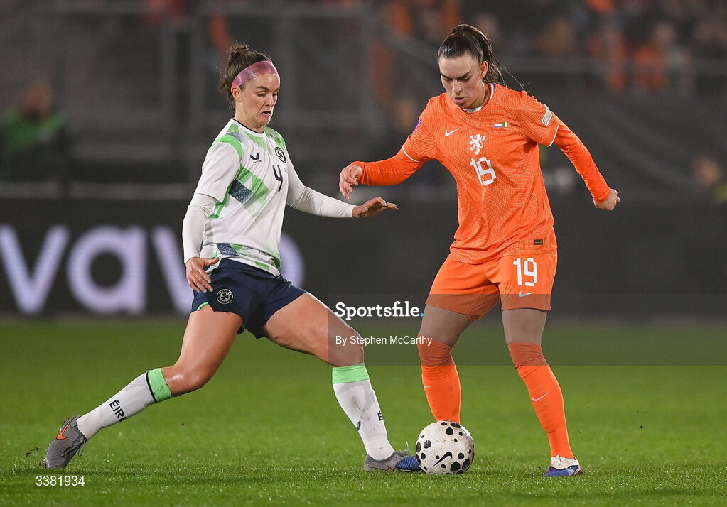 7 March 2026; Caitlin Hayes of Republic of Ireland in action against Romée Leuchter of Netherlands during the 2027 FIFA Women’s World Cup Qualifier match between the Netherlands and Republic of Ireland at Stadion Galgenwaard in Utrecht, Netherlands. Photo by Stephen McCarthy/Sportsfile