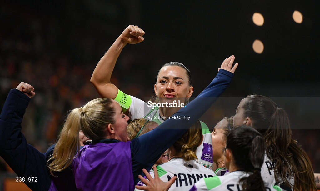 7 March 2026; Katie McCabe of Republic of Ireland celebrates after scoring her side's first goal, a penalty, during the 2027 FIFA Women’s World Cup Qualifier match between the Netherlands and Republic of Ireland at Stadion Galgenwaard in Utrecht, Netherlands. Photo by Stephen McCarthy/Sportsfile