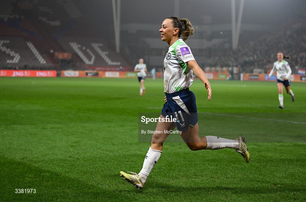 7 March 2026; Katie McCabe of Republic of Ireland celebrates after scoring her side's first goal, a penalty, during the 2027 FIFA Women’s World Cup Qualifier match between the Netherlands and Republic of Ireland at Stadion Galgenwaard in Utrecht, Netherlands. Photo by Stephen McCarthy/Sportsfile