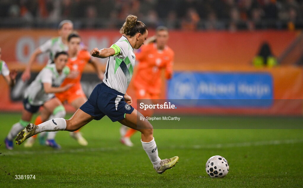 7 March 2026; Katie McCabe of Republic of Ireland shoots to score her side's first goal, a penalty, during the 2027 FIFA Women’s World Cup Qualifier match between the Netherlands and Republic of Ireland at Stadion Galgenwaard in Utrecht, Netherlands. Photo by Stephen McCarthy/Sportsfile