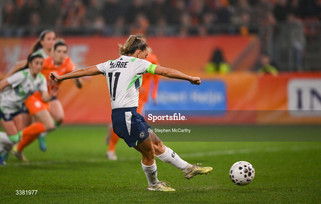 7 March 2026; Katie McCabe of Republic of Ireland shoots to score her side's first goal, a penalty, during the 2027 FIFA Women’s World Cup Qualifier match between the Netherlands and Republic of Ireland at Stadion Galgenwaard in Utrecht, Netherlands. Photo by Stephen McCarthy/Sportsfile