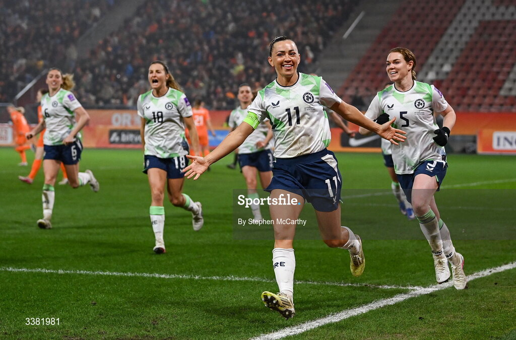 7 March 2026; Katie McCabe of Republic of Ireland celebrates after scoring her side's first goal, a penalty, during the 2027 FIFA Women’s World Cup Qualifier match between the Netherlands and Republic of Ireland at Stadion Galgenwaard in Utrecht, Netherlands. Photo by Stephen McCarthy/Sportsfile