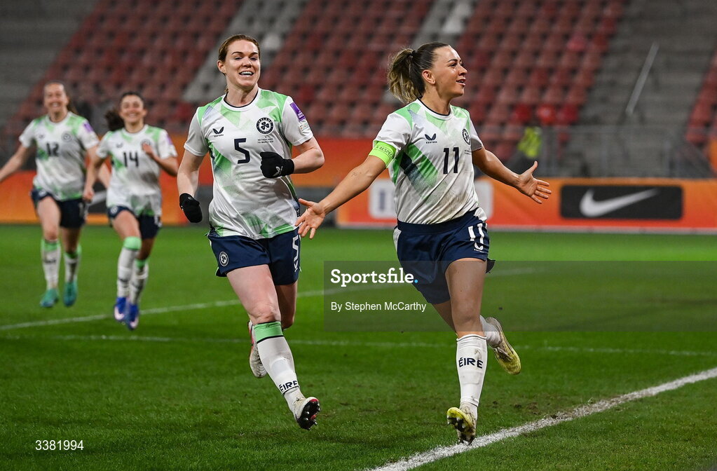 7 March 2026; Katie McCabe of Republic of Ireland celebrates after scoring her side's first goal, a penalty, during the 2027 FIFA Women’s World Cup Qualifier match between the Netherlands and Republic of Ireland at Stadion Galgenwaard in Utrecht, Netherlands. Photo by Stephen McCarthy/Sportsfile
