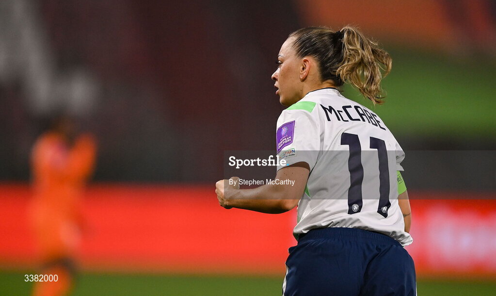 7 March 2026; Katie McCabe of Republic of Ireland celebrates after scoring her side's first goal, a penalty, during the 2027 FIFA Women’s World Cup Qualifier match between the Netherlands and Republic of Ireland at Stadion Galgenwaard in Utrecht, Netherlands. Photo by Stephen McCarthy/Sportsfile
