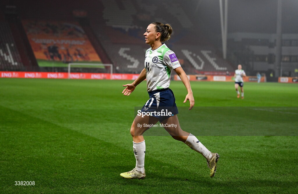 7 March 2026; Katie McCabe of Republic of Ireland celebrates after scoring her side's first goal, a penalty, during the 2027 FIFA Women’s World Cup Qualifier match between the Netherlands and Republic of Ireland at Stadion Galgenwaard in Utrecht, Netherlands. Photo by Stephen McCarthy/Sportsfile