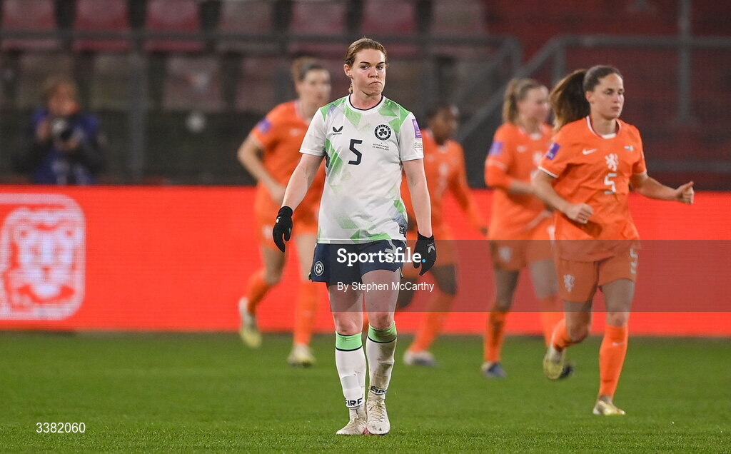 7 March 2026; Aoife Mannion of Republic of Ireland reacts after her side concede a second goal during the 2027 FIFA Women’s World Cup Qualifier match between the Netherlands and Republic of Ireland at Stadion Galgenwaard in Utrecht, Netherlands. Photo by Stephen McCarthy/Sportsfile