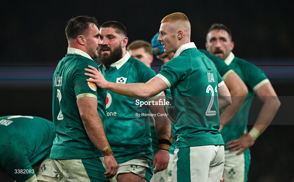 6 March 2026; Rónan Kelleher, left, and Nathan Doak of Ireland during the Guinness 6 Nations Rugby Championship match between Ireland and Wales at the Aviva Stadium in Dublin. Photo by Ramsey Cardy/Sportsfile