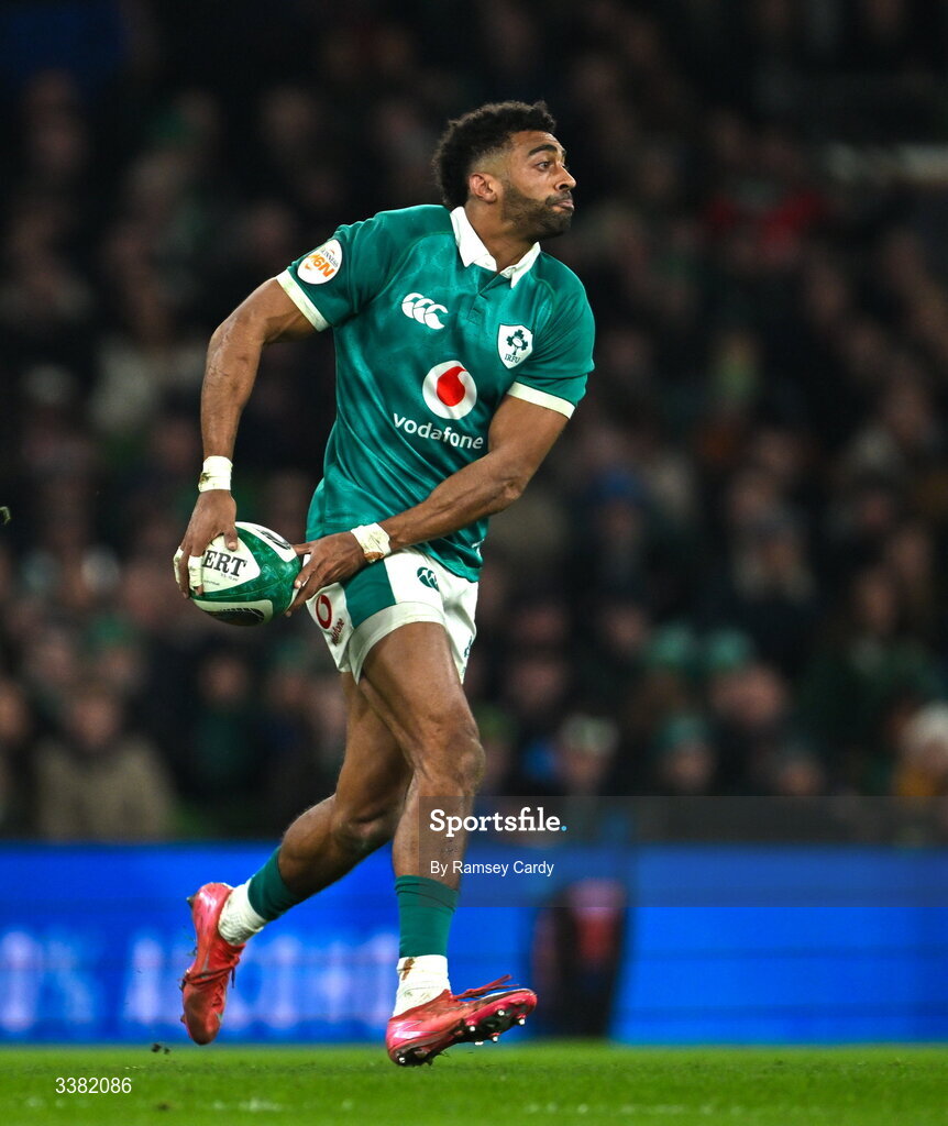 6 March 2026; Robert Baloucoune of Ireland during the Guinness 6 Nations Rugby Championship match between Ireland and Wales at the Aviva Stadium in Dublin. Photo by Ramsey Cardy/Sportsfile
