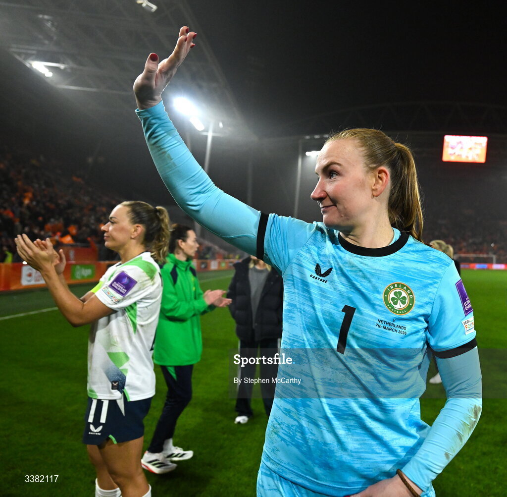 7 March 2026; Republic of Ireland goalkeeper Courtney Brosnan after the 2027 FIFA Women’s World Cup Qualifier match between the Netherlands and Republic of Ireland at Stadion Galgenwaard in Utrecht, Netherlands. Photo by Stephen McCarthy/Sportsfile
