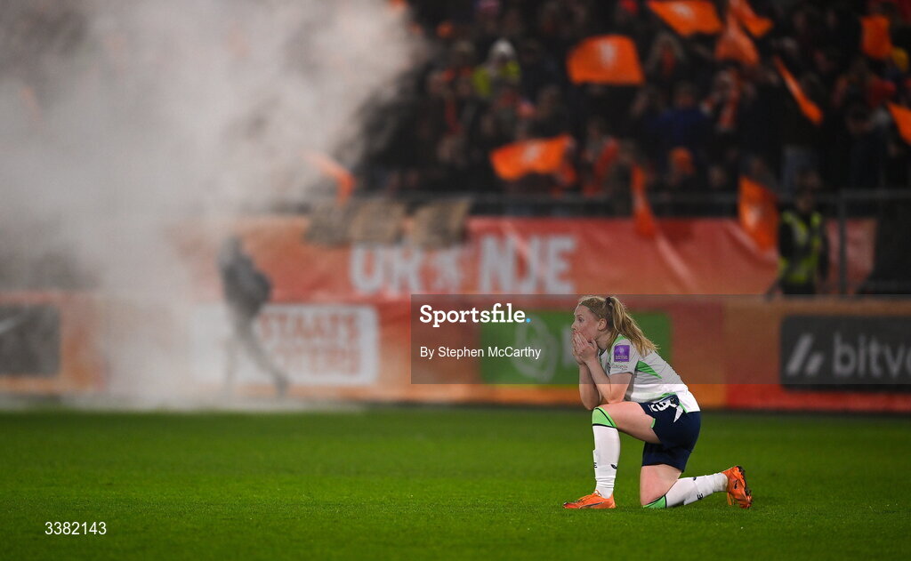 7 March 2026; Amber Barrett of Republic of Ireland reacts during the 2027 FIFA Women’s World Cup Qualifier match between the Netherlands and Republic of Ireland at Stadion Galgenwaard in Utrecht, Netherlands. Photo by Stephen McCarthy/Sportsfile