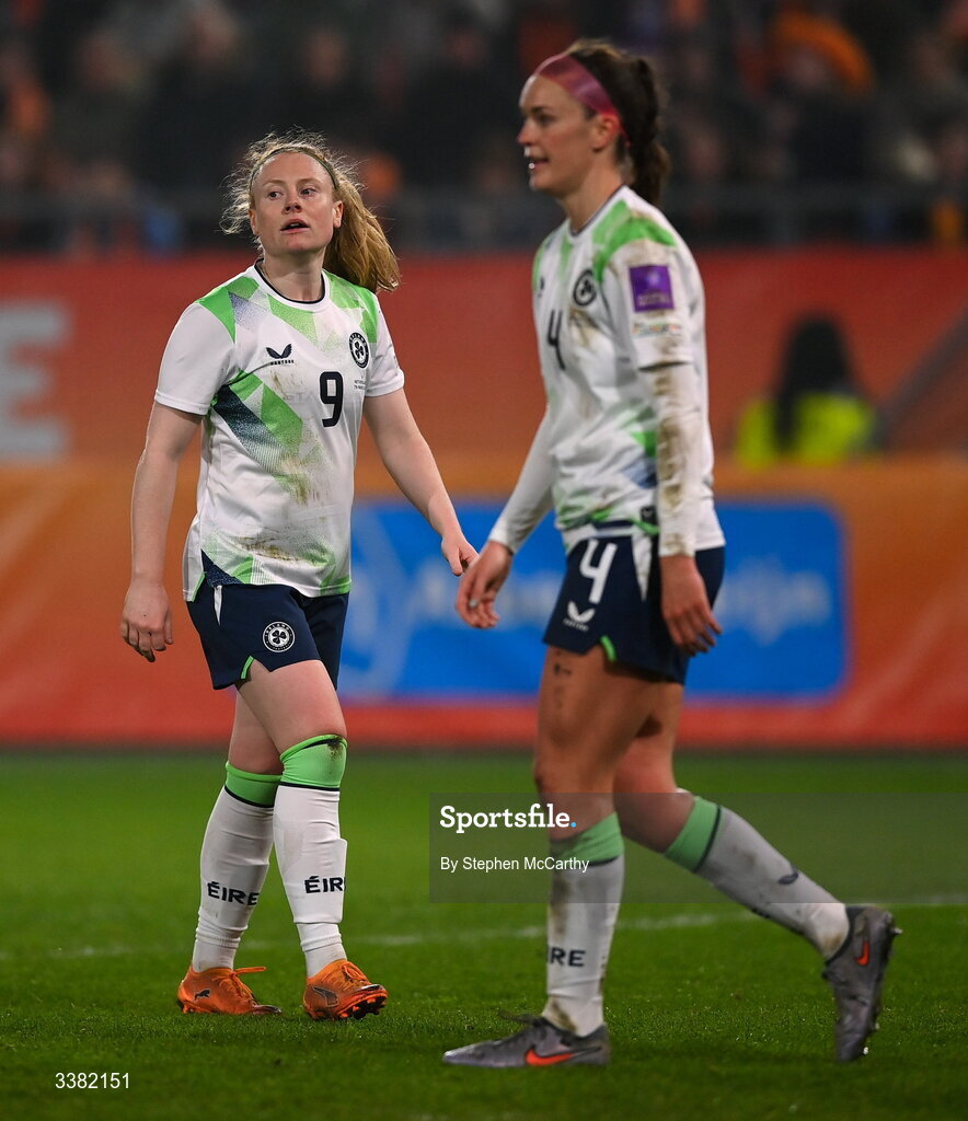 7 March 2026; Amber Barrett, left, and Caitlin Hayes of Republic of Ireland after the 2027 FIFA Women’s World Cup Qualifier match between the Netherlands and Republic of Ireland at Stadion Galgenwaard in Utrecht, Netherlands. Photo by Stephen McCarthy/Sportsfile