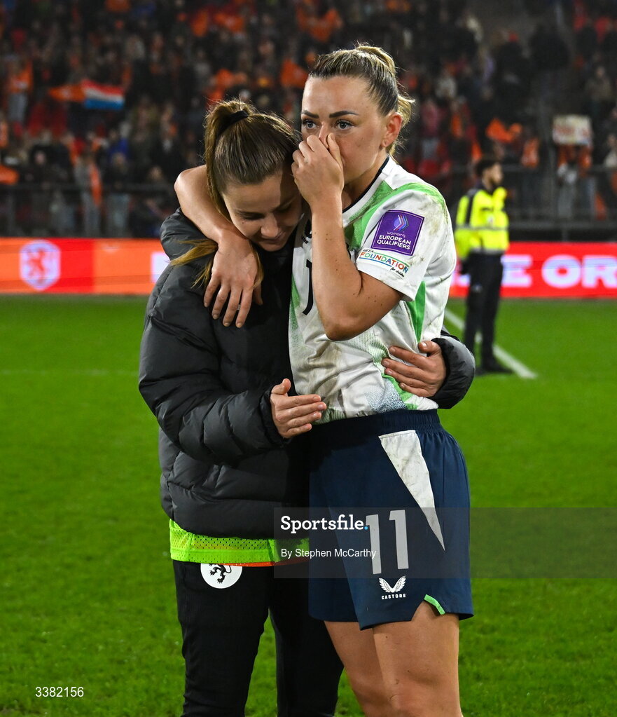 7 March 2026; Katie McCabe of Republic of Ireland and Victoria Pelova of Netherlands after the 2027 FIFA Women’s World Cup Qualifier match between the Netherlands and Republic of Ireland at Stadion Galgenwaard in Utrecht, Netherlands. Photo by Stephen McCarthy/Sportsfile