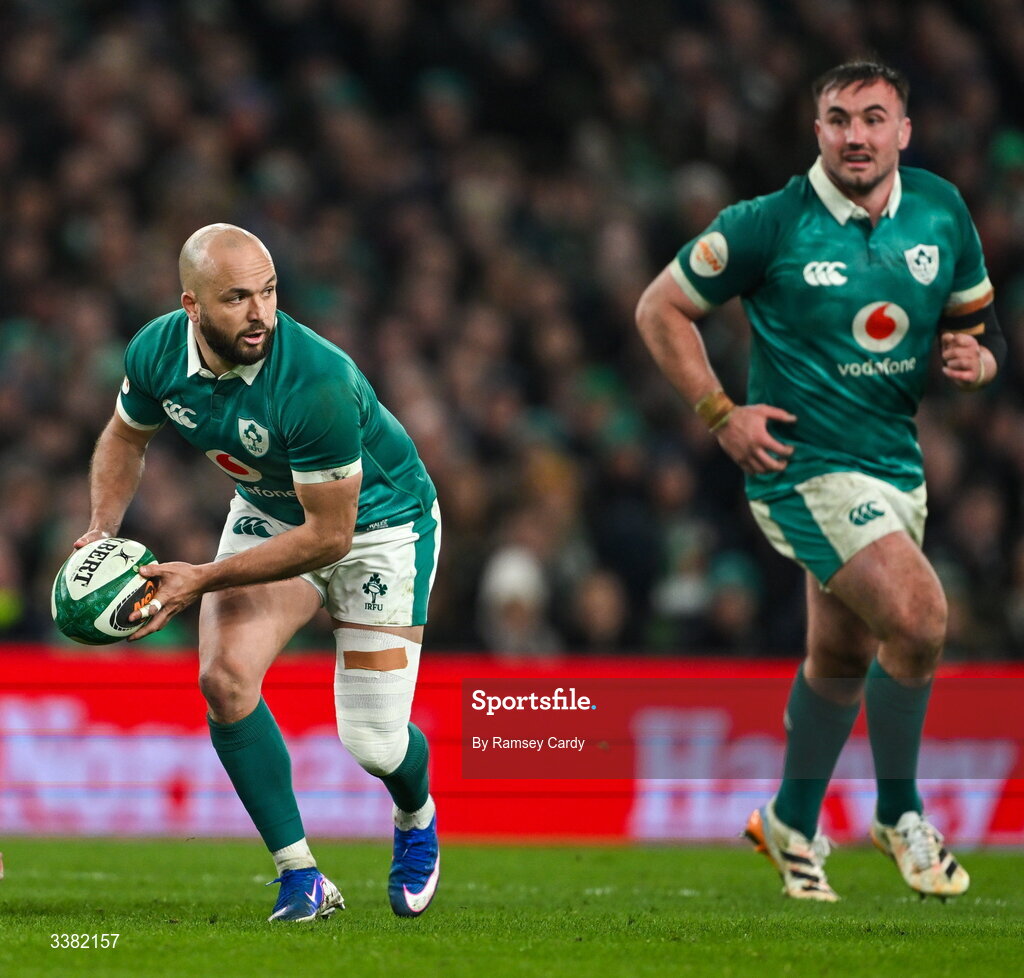 6 March 2026; Jamison Gibson-Park, left, and Rónan Kelleher of Ireland during the Guinness 6 Nations Rugby Championship match between Ireland and Wales at the Aviva Stadium in Dublin. Photo by Ramsey Cardy/Sportsfile