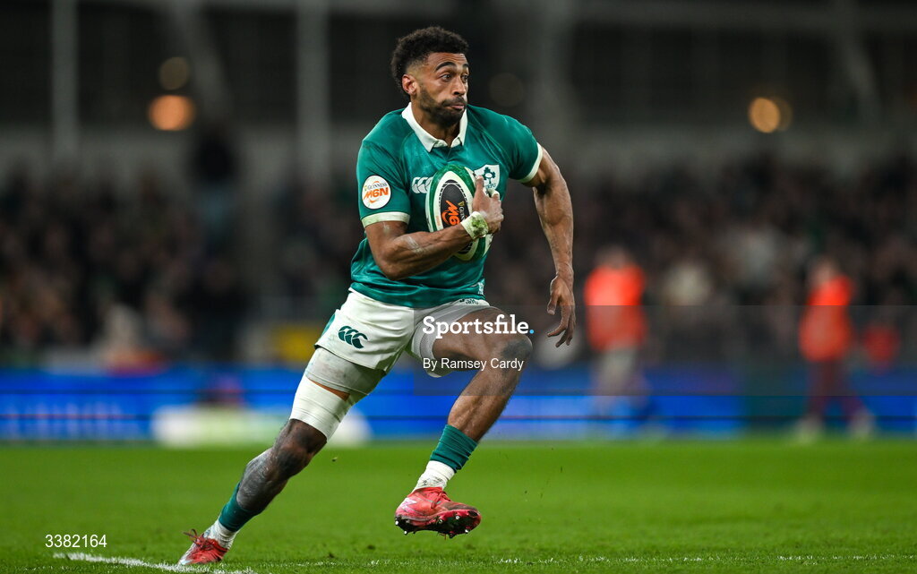 6 March 2026; Robert Baloucoune of Ireland during the Guinness 6 Nations Rugby Championship match between Ireland and Wales at the Aviva Stadium in Dublin. Photo by Ramsey Cardy/Sportsfile
