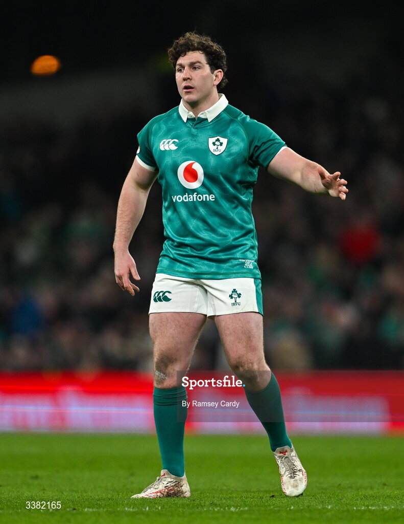 6 March 2026; Tom Stewart of Ireland during the Guinness 6 Nations Rugby Championship match between Ireland and Wales at the Aviva Stadium in Dublin. Photo by Ramsey Cardy/Sportsfile