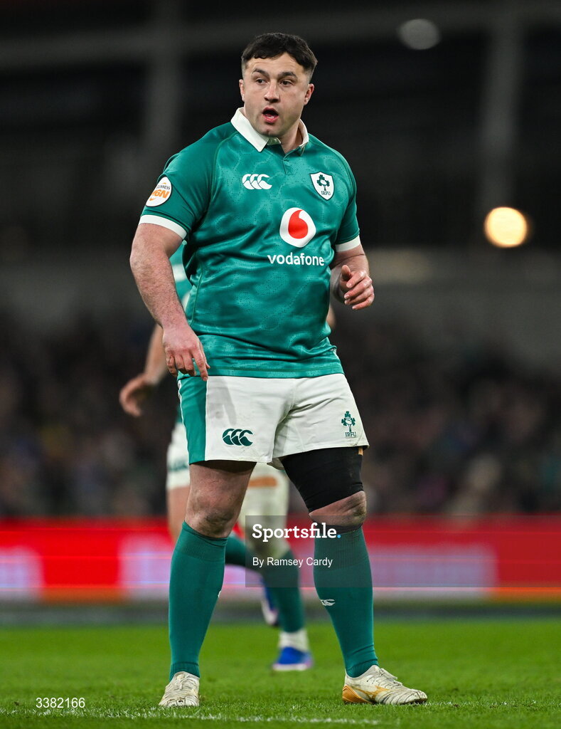 6 March 2026; Thomas Clarkson of Ireland during the Guinness 6 Nations Rugby Championship match between Ireland and Wales at the Aviva Stadium in Dublin. Photo by Ramsey Cardy/Sportsfile