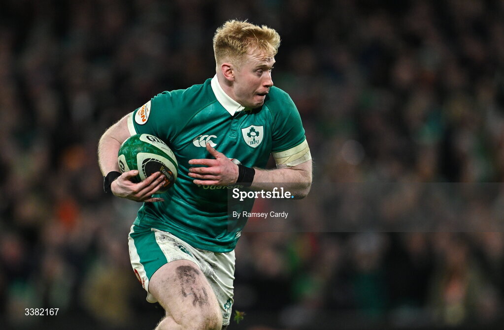 6 March 2026; Jamie Osborne of Ireland during the Guinness 6 Nations Rugby Championship match between Ireland and Wales at the Aviva Stadium in Dublin. Photo by Ramsey Cardy/Sportsfile