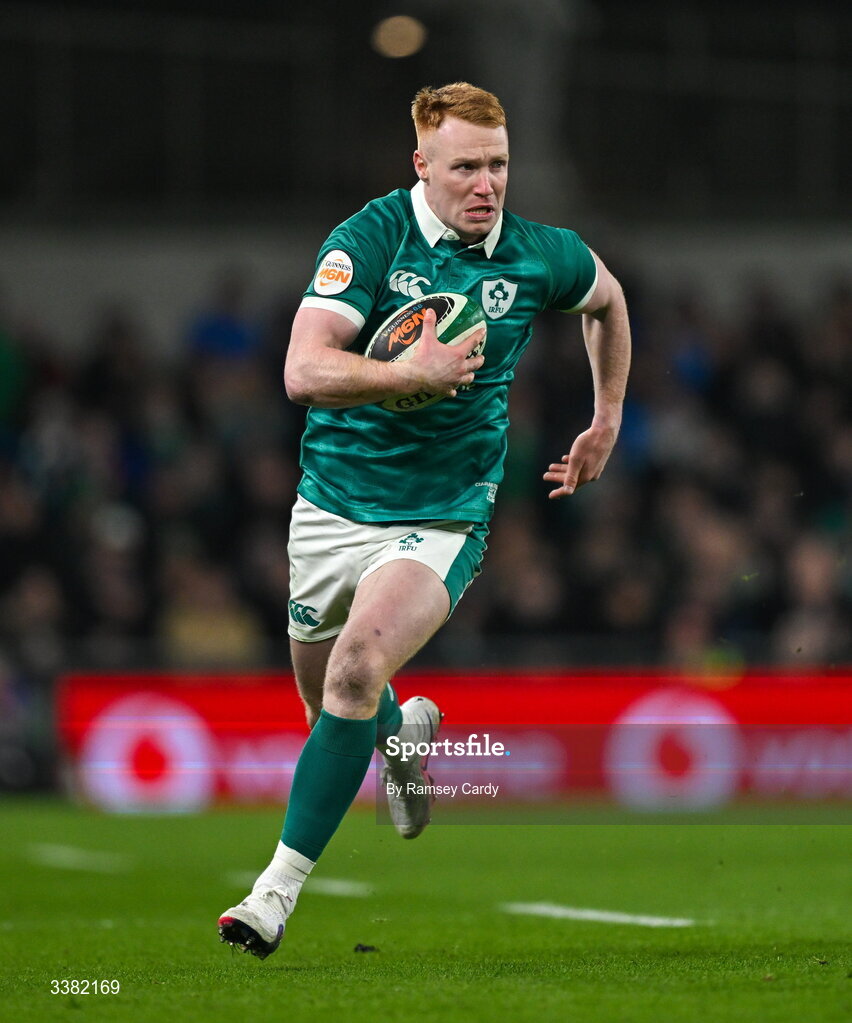 6 March 2026; Ciarán Frawley of Ireland during the Guinness 6 Nations Rugby Championship match between Ireland and Wales at the Aviva Stadium in Dublin. Photo by Ramsey Cardy/Sportsfile