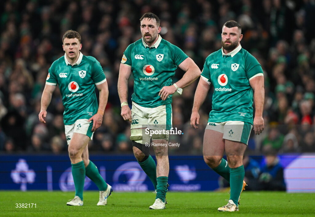 6 March 2026; Ireland players, from left, Tom Farrell, Jack Conan, and Michael Milne during the Guinness 6 Nations Rugby Championship match between Ireland and Wales at the Aviva Stadium in Dublin. Photo by Ramsey Cardy/Sportsfile