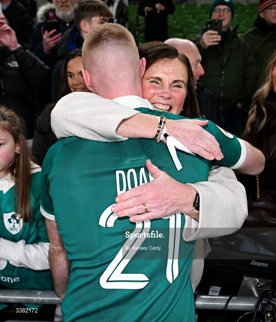 6 March 2026; Nathan Doak of Ireland is congratulated by his mum Liz after the Guinness 6 Nations Rugby Championship match between Ireland and Wales at the Aviva Stadium in Dublin. Photo by Ramsey Cardy/Sportsfile