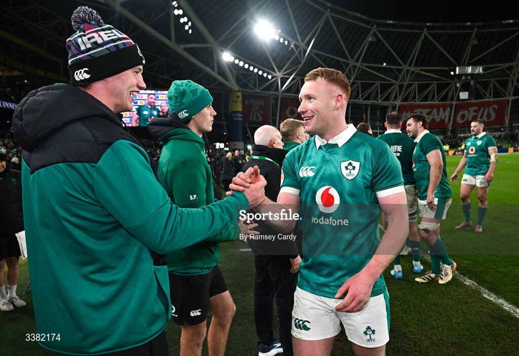 6 March 2026; Ciarán Frawley, right, and Darragh Murray of Ireland during the Guinness 6 Nations Rugby Championship match between Ireland and Wales at the Aviva Stadium in Dublin. Photo by Ramsey Cardy/Sportsfile