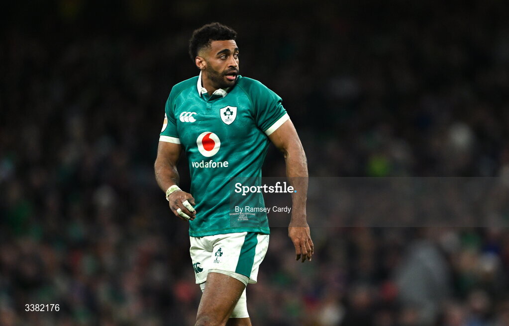 6 March 2026; Robert Baloucoune of Ireland during the Guinness 6 Nations Rugby Championship match between Ireland and Wales at the Aviva Stadium in Dublin. Photo by Ramsey Cardy/Sportsfile