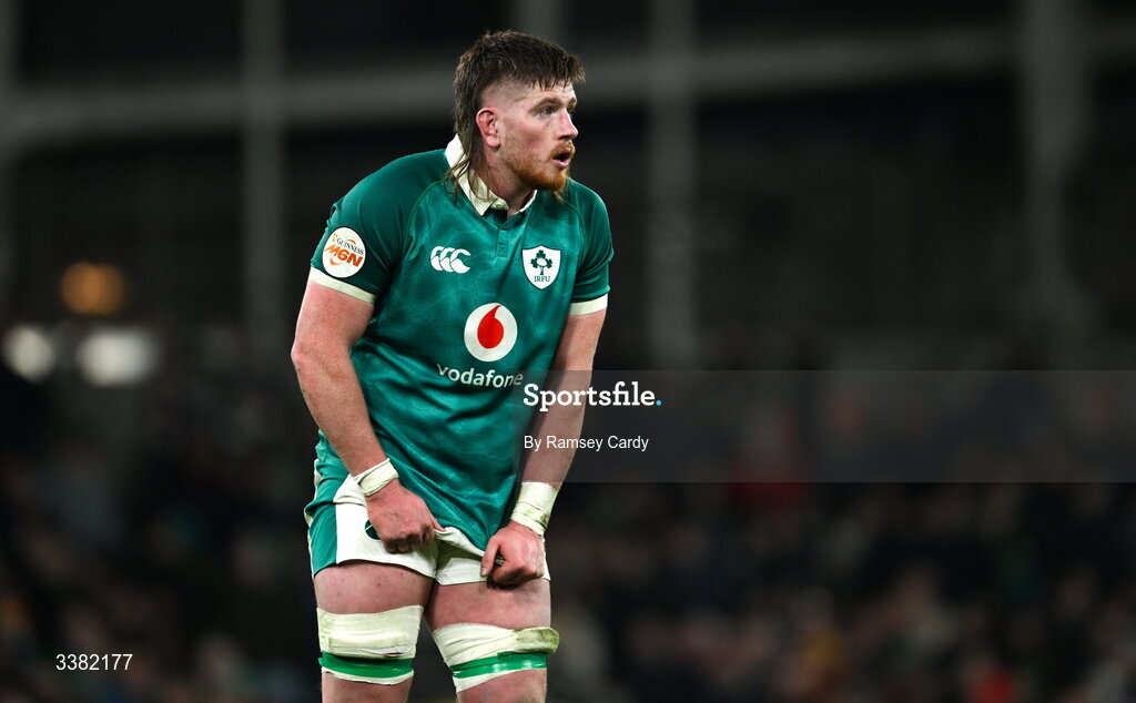 6 March 2026; Joe McCarthy of Ireland during the Guinness 6 Nations Rugby Championship match between Ireland and Wales at the Aviva Stadium in Dublin. Photo by Ramsey Cardy/Sportsfile