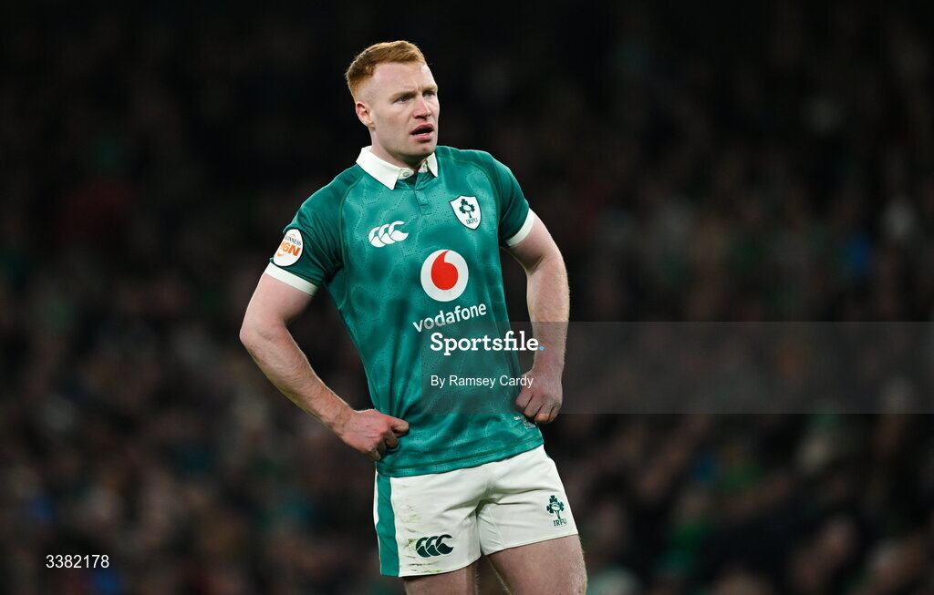 6 March 2026; Ciarán Frawley of Ireland during the Guinness 6 Nations Rugby Championship match between Ireland and Wales at the Aviva Stadium in Dublin. Photo by Ramsey Cardy/Sportsfile