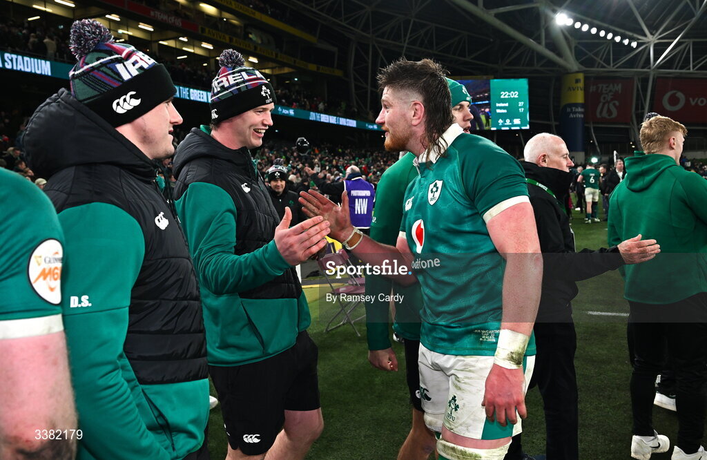 6 March 2026; Joe McCarthy, right, and Darragh Murray of Ireland during the Guinness 6 Nations Rugby Championship match between Ireland and Wales at the Aviva Stadium in Dublin. Photo by Ramsey Cardy/Sportsfile