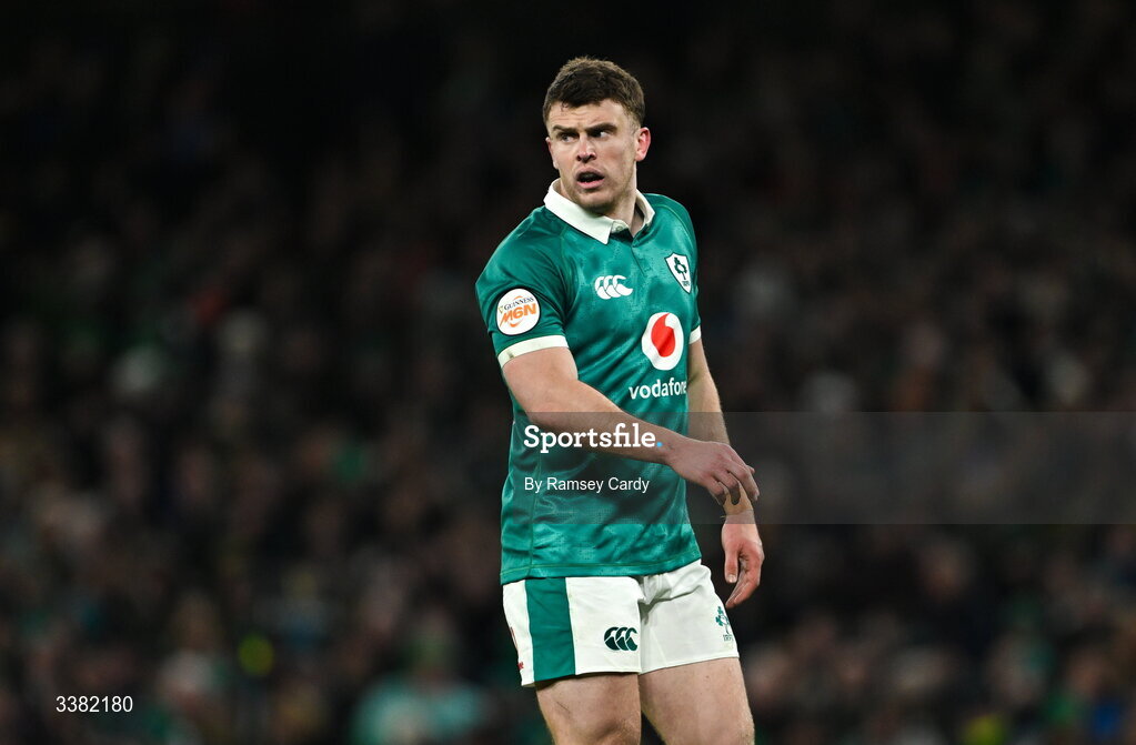 6 March 2026; Tom Farrell of Ireland during the Guinness 6 Nations Rugby Championship match between Ireland and Wales at the Aviva Stadium in Dublin. Photo by Ramsey Cardy/Sportsfile