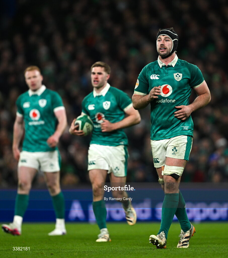 6 March 2026; Caelan Doris of Ireland during the Guinness 6 Nations Rugby Championship match between Ireland and Wales at the Aviva Stadium in Dublin. Photo by Ramsey Cardy/Sportsfile