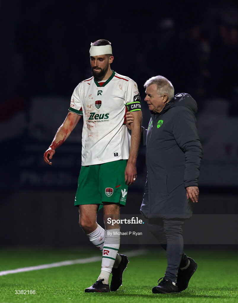 6 March 2026; Fiacre Kelleher of Cork City leaves the field after picking up an injury during the SSE Airtricity Men's First Division match between Cobh Ramblers and Cork City at St Colman's Park in Cobh, Cork. Photo by Michael P Ryan/Sportsfile