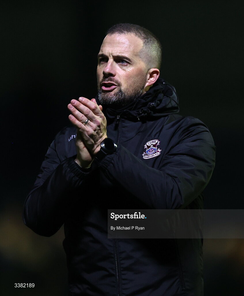 6 March 2026; Cobh Ramblers manager Fran Rockett acknowledges his side's supporters after the SSE Airtricity Men's First Division match between Cobh Ramblers and Cork City at St Colman's Park in Cobh, Cork. Photo by Michael P Ryan/Sportsfile