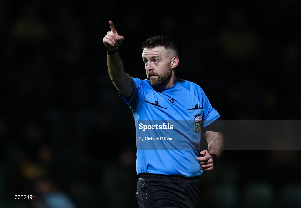 6 March 2026; Referee Declan Toland during the SSE Airtricity Men's First Division match between Cobh Ramblers and Cork City at St Colman's Park in Cobh, Cork. Photo by Michael P Ryan/Sportsfile