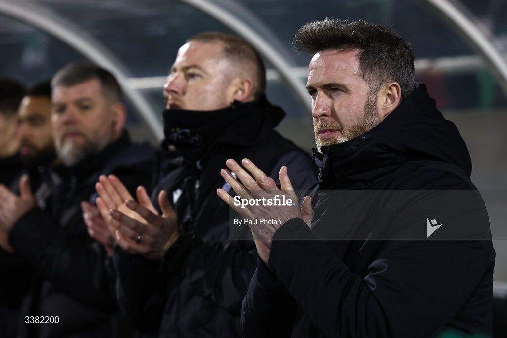 6 March 2026; Shamrock Rovers manager Stephen Bradley claps before the SSE Airtricity Men's Premier Division match between Shamrock Rovers and Derry City at Tallaght Stadium in Dublin. Photo by Paul Phelan/Sportsfile