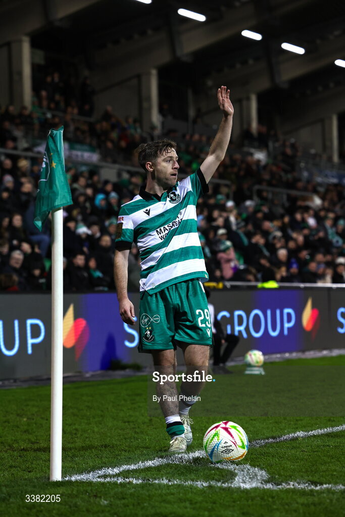 6 March 2026; Jack Byrne of Shamrock Rovers prepares to take a corner during the SSE Airtricity Men's Premier Division match between Shamrock Rovers and Derry City at Tallaght Stadium in Dublin. Photo by Paul Phelan/Sportsfile