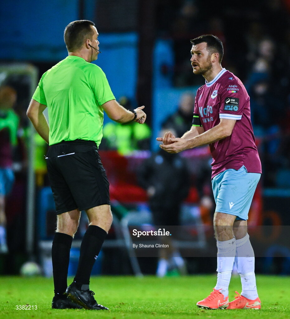27 February 2026; Ryan Brennan of Drogheda United remonstrates with referee Robert Harvey during the SSE Airtricity Men's Premier Division match between Drogheda United and Shelbourne at Sullivan & Lambe Park in Drogheda, Louth. Photo by Shauna Clinton/Sportsfile