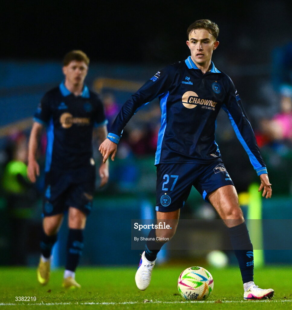 27 February 2026; Evan Caffrey of Shelbourne during the SSE Airtricity Men's Premier Division match between Drogheda United and Shelbourne at Sullivan & Lambe Park in Drogheda, Louth. Photo by Shauna Clinton/Sportsfile