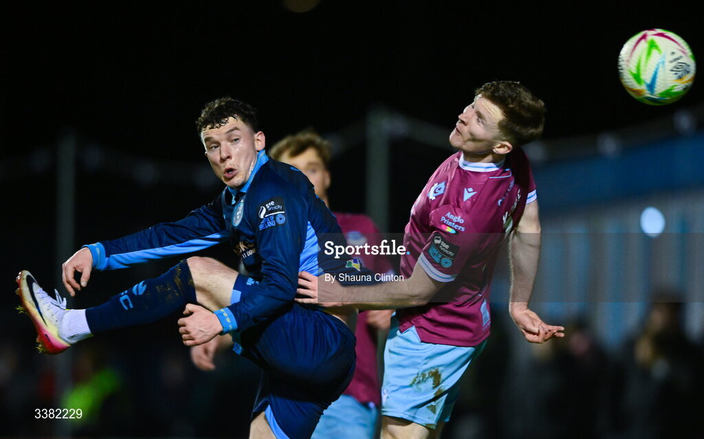 27 February 2026; Ali Coote of Shelbourne in action against Conor Kane of Drogheda United during the SSE Airtricity Men's Premier Division match between Drogheda United and Shelbourne at Sullivan & Lambe Park in Drogheda, Louth. Photo by Shauna Clinton/Sportsfile