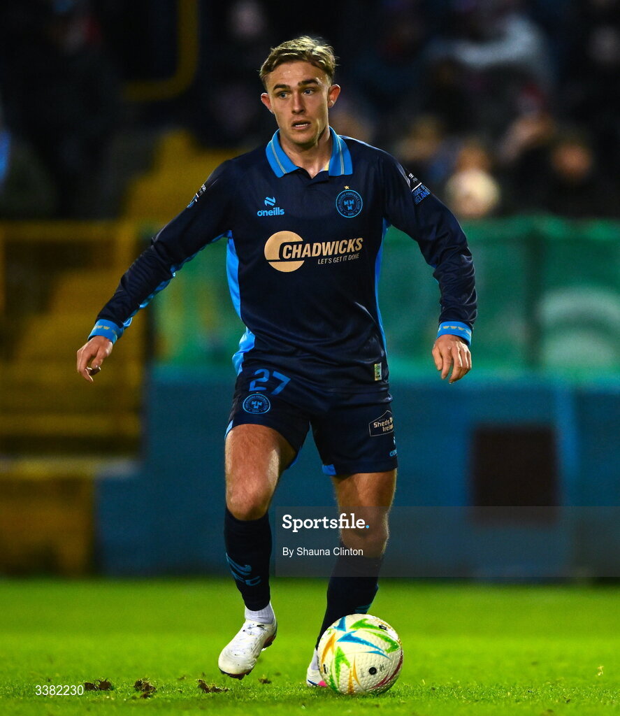 27 February 2026; Evan Caffrey of Shelbourne during the SSE Airtricity Men's Premier Division match between Drogheda United and Shelbourne at Sullivan & Lambe Park in Drogheda, Louth. Photo by Shauna Clinton/Sportsfile