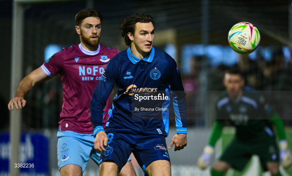 27 February 2026; Sean Boyd of Shelbourne in action against Conor Keely of Drogheda United during the SSE Airtricity Men's Premier Division match between Drogheda United and Shelbourne at Sullivan & Lambe Park in Drogheda, Louth. Photo by Shauna Clinton/Sportsfile