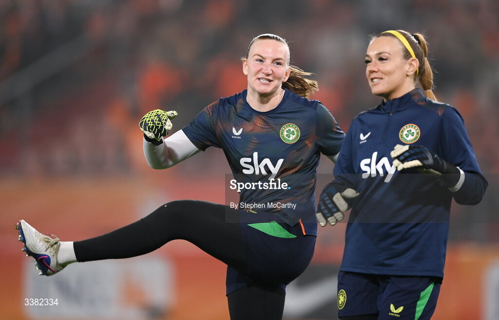 7 March 2026; Republic of Ireland goalkeepers Courtney Brosnan, left, and Grace Moloney before the 2027 FIFA Women’s World Cup Qualifier match between the Netherlands and Republic of Ireland at Stadion Galgenwaard in Utrecht, Netherlands. Photo by Stephen McCarthy/Sportsfile