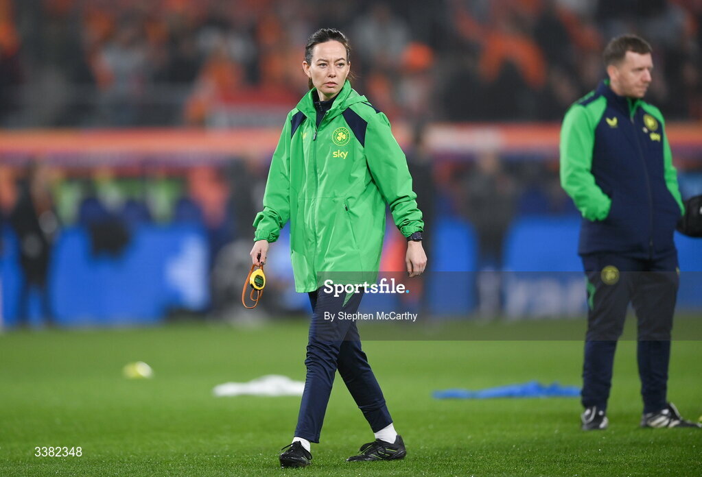 7 March 2026; Republic of Ireland assistant coach Amber Whiteley before the 2027 FIFA Women’s World Cup Qualifier match between the Netherlands and Republic of Ireland at Stadion Galgenwaard in Utrecht, Netherlands. Photo by Stephen McCarthy/Sportsfile